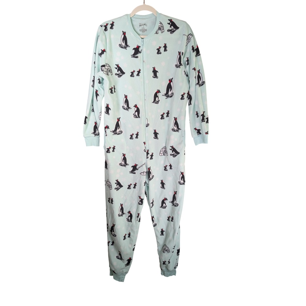 Nick & Nora Penguin One Piece Pajamas Womens M Mint Green Union Suit Fleece Zip